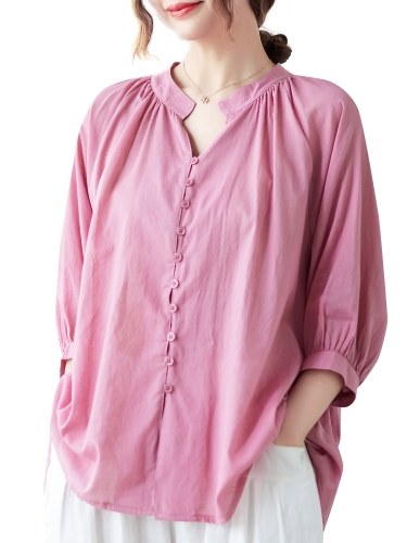 

Women Loose Blouse Half Sleeved Buttons Oversized Casual T-shirts