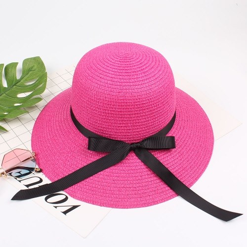

Летние женщины соломенной шляпе Лента лук Широкий брим Sun Beach Cap Праздник Fedora Trilby Hat