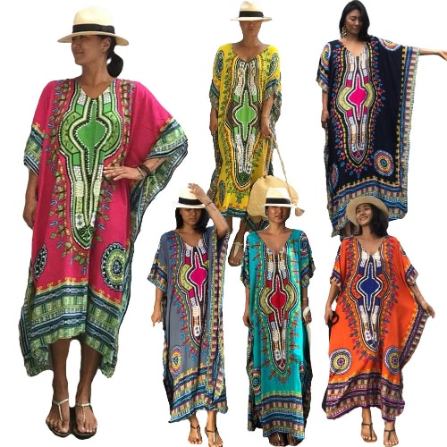 Donne di etnia Cover Up Plus Size scollo a V maxi Boho Hipppie Dashiki Bikini Beach Vestito stampato caftano