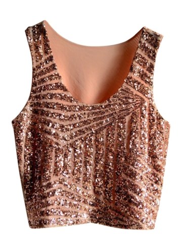 

Women Sequin Crop Tank Top O-Neck Sleeveless Casual Short Vest Top