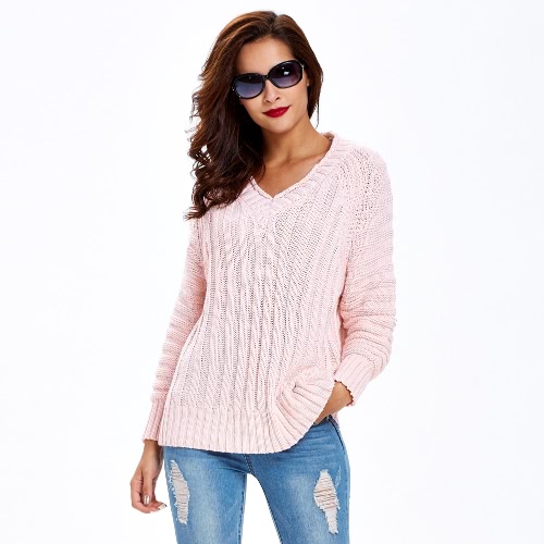 New Fashion Women Cable Knitted Sweater Solid Ribbed V Neck Raglan Sleeve Casual Jumper Pink/Khaki/Black