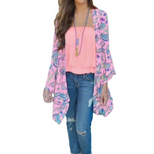 

Bohemian Floral Print Chiffon Long Kimono Beach Cover Up
