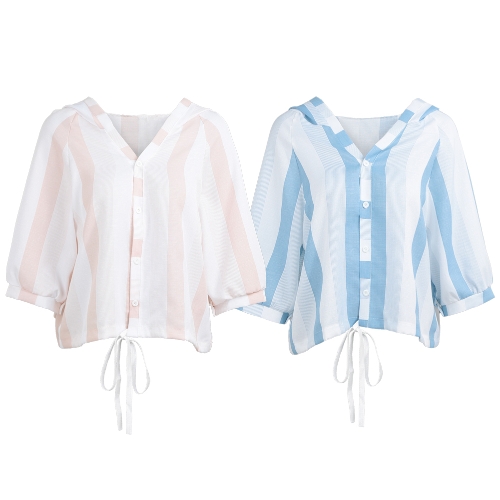 

Women Striped Hooded Blouse V Neck Button Raglan Lantern 3/4 Sleeve Drawstring Hem Loose Shirt Casual Tops