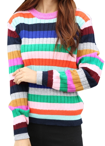 Neue Frauen Gestrickte Pullover Rainbow Stripes Kontrast Farbe Langarm Casual Warm Jumper Pullover Strickwaren Rosa / Gelb