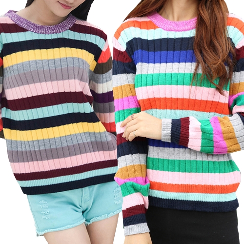 

New Women Knitted Sweater Rainbow Stripes Contrast Color Long Sleeve Casual Warm Jumper Pullover Knitwear Pink/Yellow