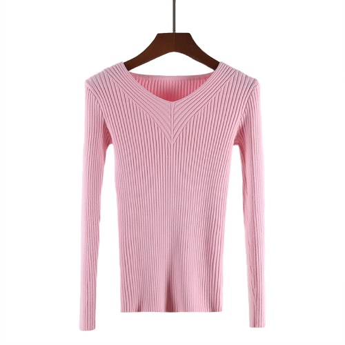 Moda mujer básica de punto superior cuello en V de manga larga Casual Slim suéter de punto elástico Sweater