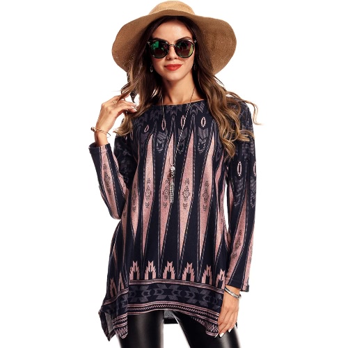 Women Autumn Winter Pullover Top Geometric Long Sleeves O Neck T-Shirt Knitted Top Black/Blue/Pink