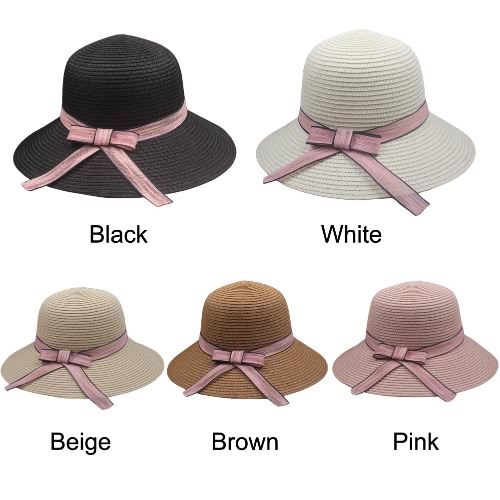 

Women Sun Hat Straw Hat Solid Wide Brim Contrast Bow Ribbon Summer Sunbonnet Fedora Beach Panama Hat