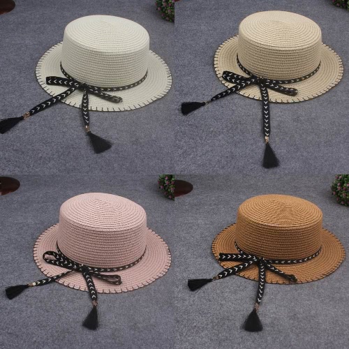 

Women Summer Sun Straw Hat Removable Bow Tassel Adjustable Flat Summer Panama Beach Holiday Cap