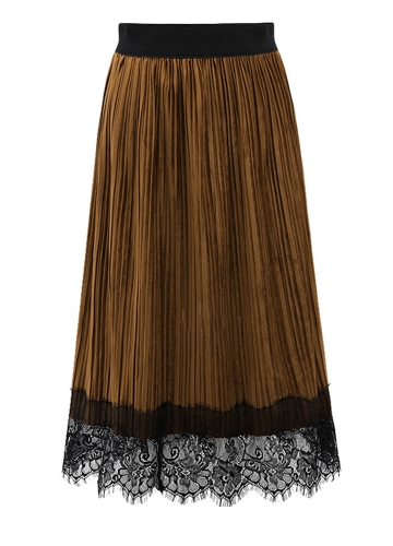 

Suede Pleated Lace Trim High Waist Slim Elegant Skirt