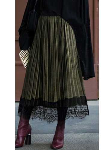 

Suede Pleated Lace Trim High Waist Slim Elegant Skirt