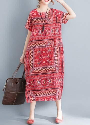 

Женская принт Loose Maxi Dress Side Карманный разрез Baggy Long Dress