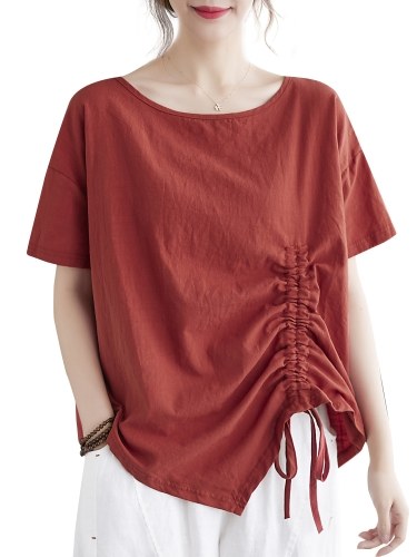 

Women Loose Blouse Short Sleeved Drawstring Irregular Oversized Casual T-shirts