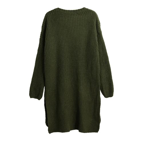 

New Women Long Knitted Sweater Vertical Stripes Knitting Dip Hem O-Neck Loose Warm Pullover Tops