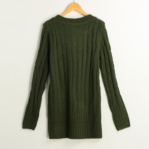 

New Fashion Women Cable Knitted Sweater Solid Ribbed V Neck Long Sleeve Casual Longline Jumper Beige/Dark Green/Grey