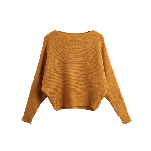 

Slash Neck Long Batwing Sleeve Solid Color Sweater Knitted Pullover