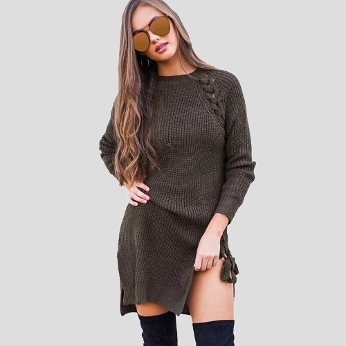 

Sexy Winter Women Lace Up Knit Sweater O Шея с длинным рукавом Сплит трикотажные пуловеры Jumper Knitwear