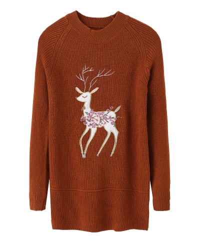 

Christmas Women Knitted Pullovers Sweater Reindeer Embroidered Ribbed Raglan Long Sleeve Casual Knit Top