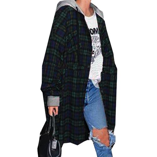 New Fashion Women Plaid Hooded Shirt Button Closure Long Sleeve Irregular Hem Oversized Shirt Hoodie Red/Green