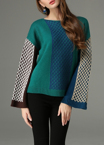 

Chic Women Color Block Twisted Stripe Splits Dropped Shoulder Long Sleeve Loose Knit Sweater
