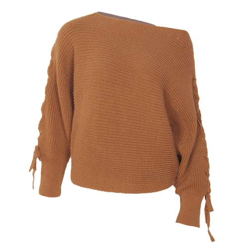 

Women Lace Up Knitted Sweater Long Sleeves Boat Neck Loose Jumper Bottoming Sweater Top Brown/Beige