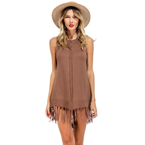 

Stretchy Knitted Ribbed Sleeveless Round Neck Tassel Women's Dress