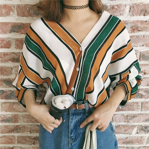 

Fashion Loose Contrast Color Striped V Neck Batwing Sleeve Women's Blouse