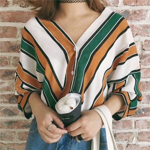 

Мода Свободный Контраст Цвет Полосатый V Шея Batwing Sleeve Женская блузка
