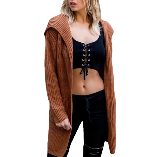 Winter Women Hooded Knitted Cardigan Sweater Lace Up Split Long Sleeves Casual Warm Loose Outerwear