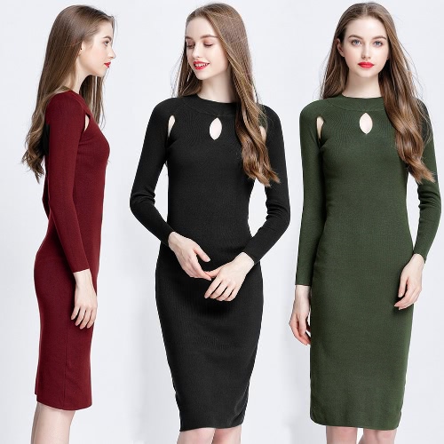 

Women Autumn Elegant Sexy Cutout Slim Sweater Dress Bodycon Solid Color Casual Knitted Dress Green/Black/Burgundy