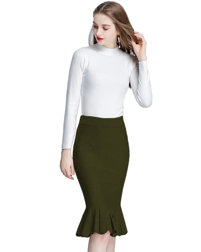 

Winter Fashion Women Knitted Midi Trumpet Mermaid Skirt High Waist Solid Color Bodycon Elegant Skirt