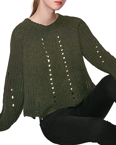 

Женщины сплошной цвет полые из боковых сплит Круглая шея Loose Knitted Sweater