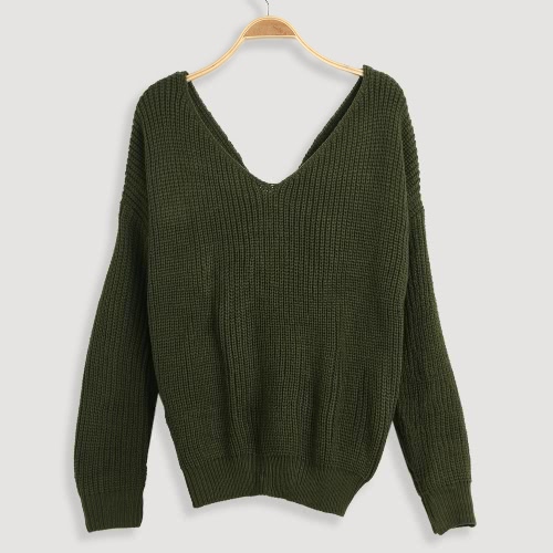 

Women Loose Knitted Pullovers V Neck Back Bow Long Sleeves Dropped Shoulder Cross Casual Knit Jumper Top