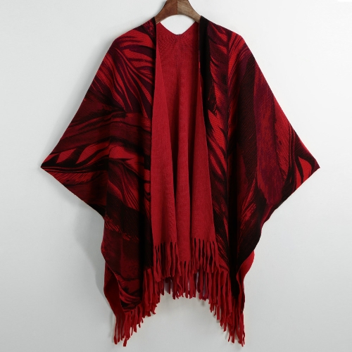 

Женщины Зима Пончо Cape Top кисточкой бахромой Кардиган печати свитер шарф пальто Красный / Серый / Хаки