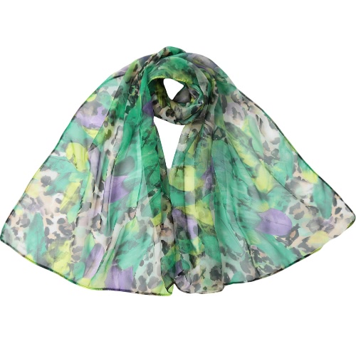 New Women Chiffon Scarf Feather Print Contrast Long Thin Pashmina Silk Shawl Green/Rose