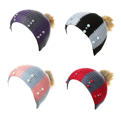 

New Women Winter Hat Beanie Knit Cap Contrast Stripe Pom Pom Bead Causal Slouchy Baggy Skullies