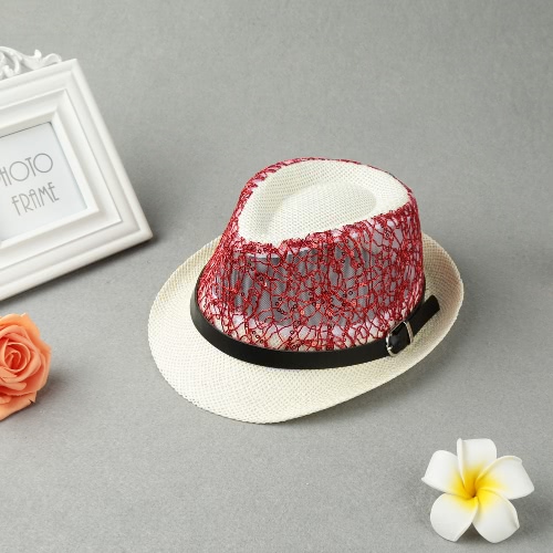 

Fashion Sequins Mesh Belt Curly Brim Straw Hat