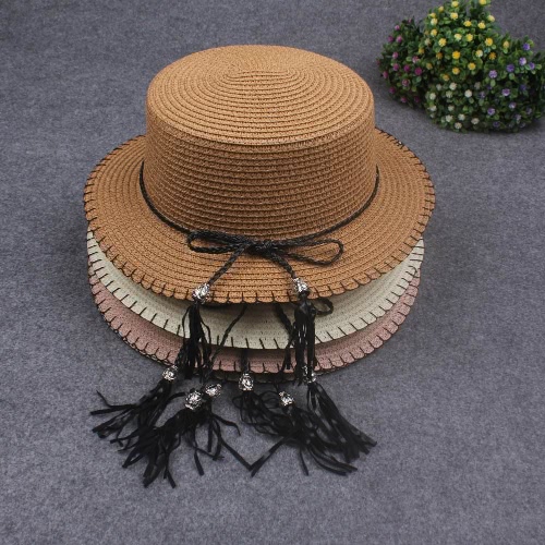 

Women Sun Cap Straw Hat Boater Hat Wide Brim Bow Tassel Flat Summer Panama Beach Hat