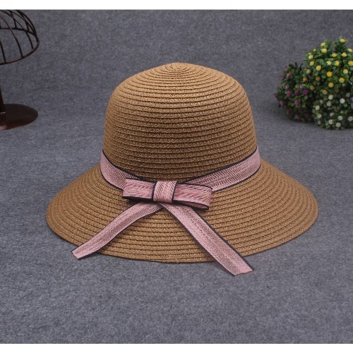 

Женщины Sun Hat соломенная шляпа с твердой широкой краской Contrast Bow Ribbon Summer Sunbonnet Fedora Beach Panama Hat