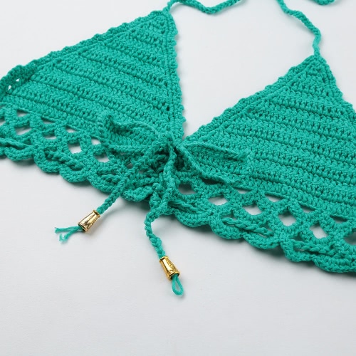 

Women Crocheted Bikini Set Lace Up Drawstring Hollow Out Halter Scalloped Knitted Two Piece Swimsuit Swimwear Green