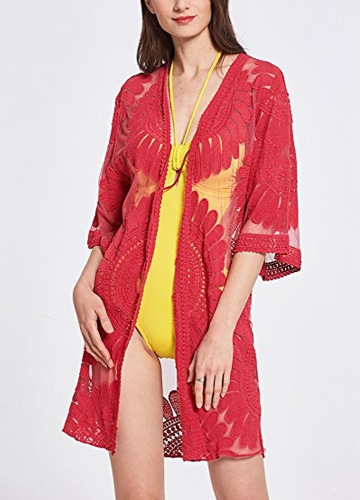 

Mesh Floral Embroidery See Through Cardigan Bikini Beach Cover Up