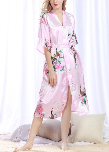 

Faux Silk Satin Floral Birds Print Open Front Midi Robe Kimono