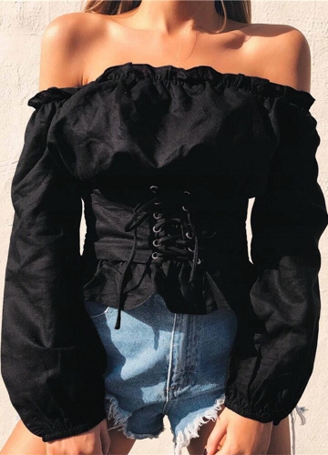 

Women Crop Top Off-The-Shoulder Lace Up Bandage Long Sleeve Blouse