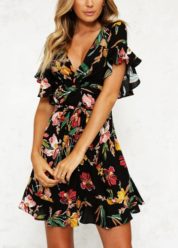 

Women Floral Mini Dress V Neck Flare Sleeve Elastic Waist A-Lined Dress