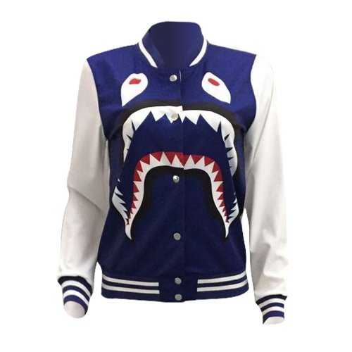 

Shark Head Print Stripes Buttons Women Bomber Jacket