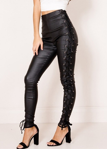 

Women Leather Pants Lace Up Bandage Pencil Pants Elastic Slim Trousers