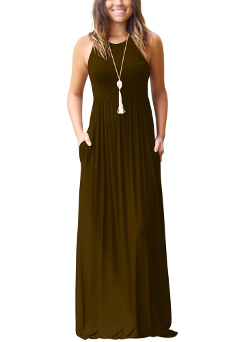 

Твердый круглый шею без рукавов Racer Назад Плиссированные карманы Maxi Gown Dress
