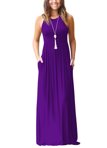 

Твердый круглый шею без рукавов Racer Назад Плиссированные карманы Maxi Gown Dress