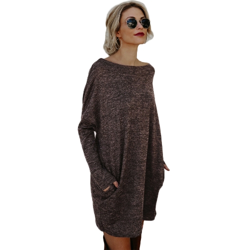

Женщины Loose Knit Sweater Dress Long Sleeves Pockets Party Mini Straight Dress