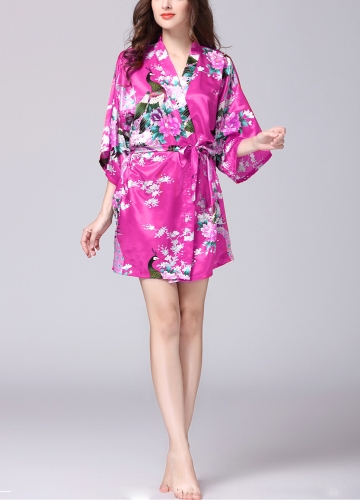 

Faux Silk Satin Floral Birds Print Open Front Half Sleeve Mini Dress